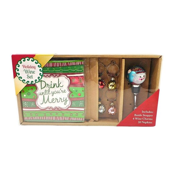 New Holiday Wine Set Hostess Gift Santa Bottle Stopper Charms Napkins - Picture 1 of 6